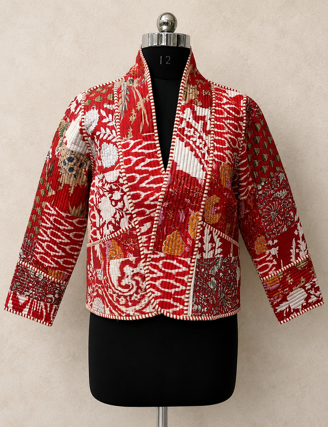 Quilted Buttonless Patchwork Kimono Jacket Front